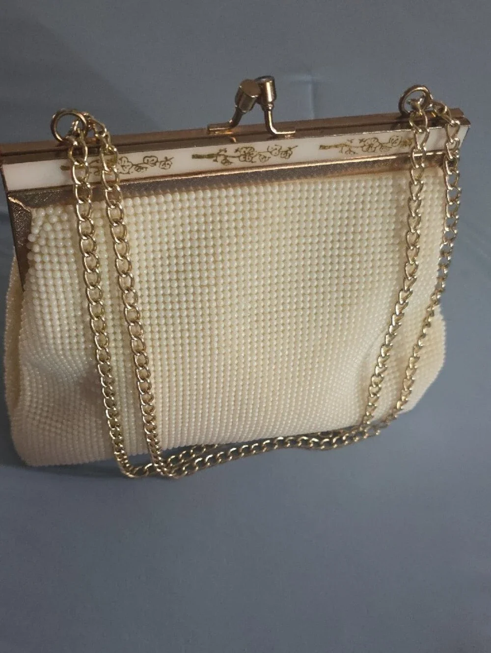 Cream Textured Chain-Handle Evening Clutch